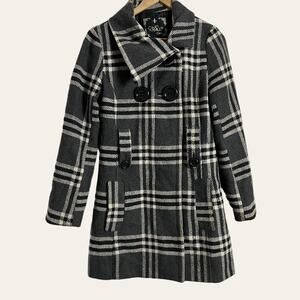 YOKI Collection Black Plaid A-Line Double Breasted Pea Coat Size M